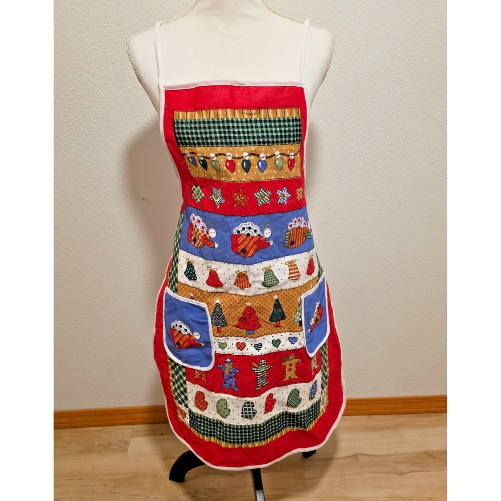 Vintage Christmas Patchwork Holiday Apron Cottagecore Kitchen 2-Pockets Festive
